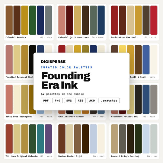 Colonial America Color Scheme Collection, 12 Founding Era Ink Palettes for History Buffs, Heritage Branding and Antique Decor