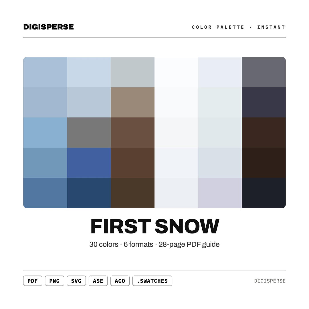 First Snow Color Palette | 30 Colors | Hex RGB CMYK | Color Guide | Procreate Swatches + ASE | Digital Download