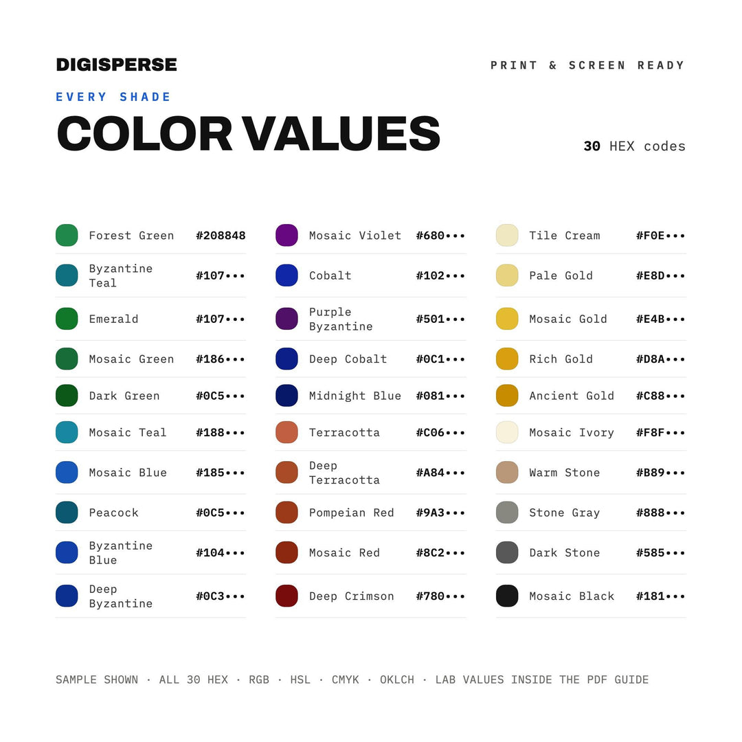 Mosaic Tiles Color Palette | 30 Colors, Hex, RGB, CMYK (Digital Download)