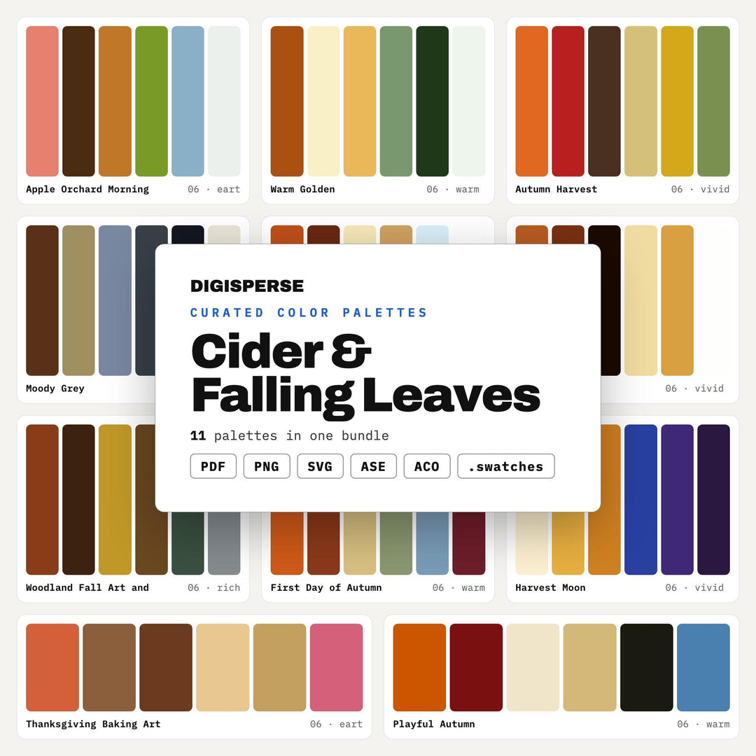Fall Color Palette Bundle, 11 Cider and Falling Leaves Autumn Schemes for Thanksgiving Decor, Cozy Sweater Weather Art and Crafts