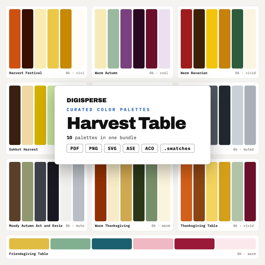 Thanksgiving Color Scheme Set, 10 Harvest Table Palettes for Dinner Party Invites, Fall Tablescape Planning and Menu Card Design