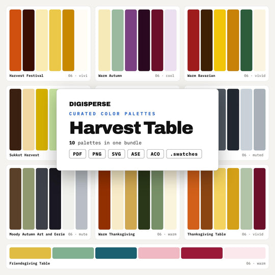 Thanksgiving Color Scheme Set, 10 Harvest Table Palettes for Dinner Party Invites, Fall Tablescape Planning and Menu Card Design