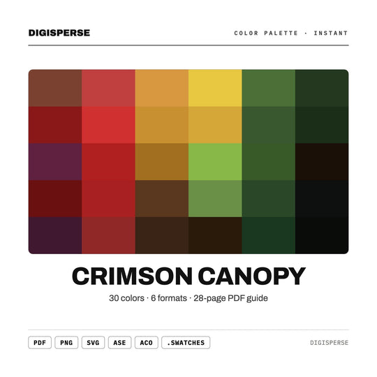 Crimson Canopy Color Palette | 30 Colors | Hex RGB CMYK | Color Guide | Procreate Swatches + ASE | Digital Download