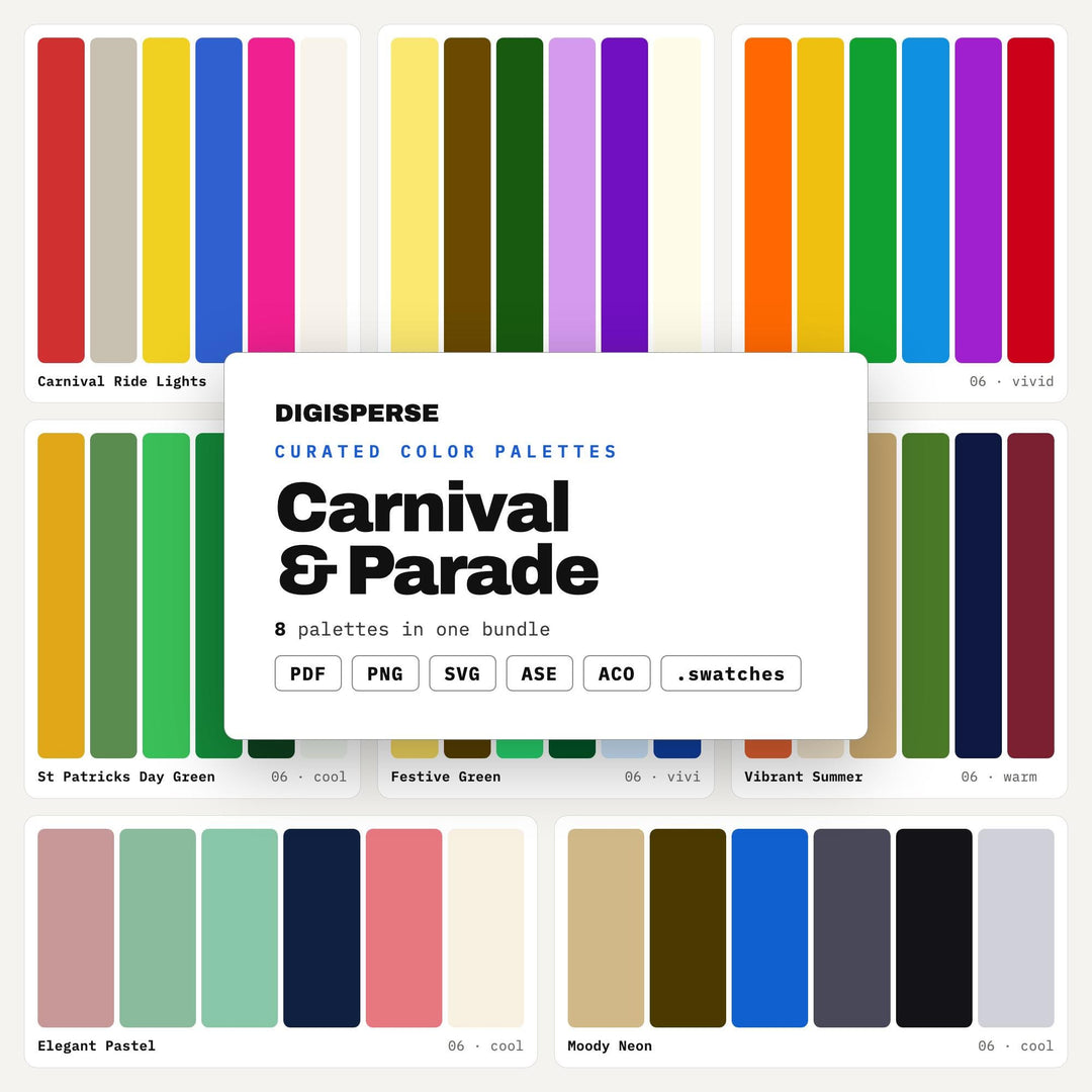 Mardi Gras Color Scheme Bundle, 8 Carnival and Parade Palettes for Float Design, Circus Party Invites and Festival Flyer Art