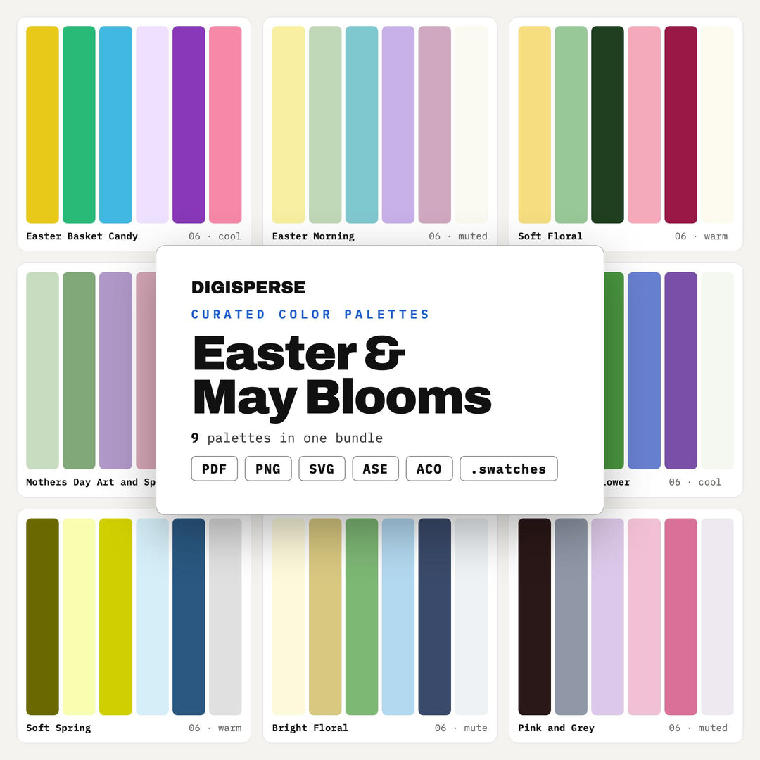 Easter Color Palette Set, 9 Spring Bloom Schemes for Egg Hunt Invites, May Day Crafts, Church Bulletins and Pastel Party Decor