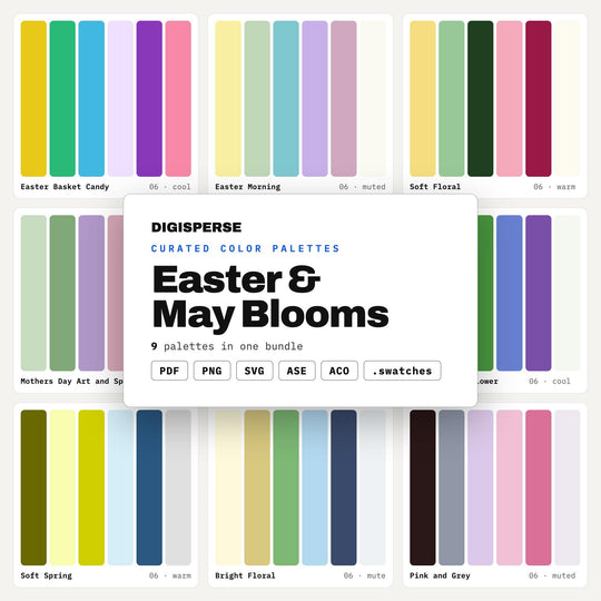 Easter Color Palette Set, 9 Spring Bloom Schemes for Egg Hunt Invites, May Day Crafts, Church Bulletins and Pastel Party Decor