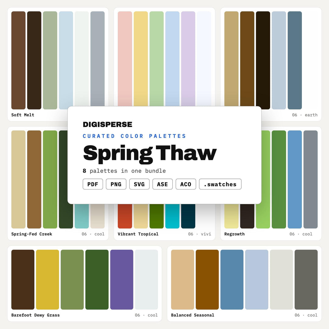 Early Spring Color Scheme Pack, 8 Thaw and Melt Palettes for Nature Journals, Fresh Season Branding and Rainy Day Craft Projects