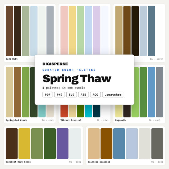 Early Spring Color Scheme Pack, 8 Thaw and Melt Palettes for Nature Journals, Fresh Season Branding and Rainy Day Craft Projects