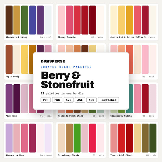 Berry Color Scheme Mega Pack, 12 Stonefruit and Berry Palettes for Jam Labels, Farmers Market Branding and Summer Recipe Cards