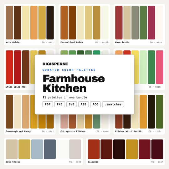 Farmhouse Color Palette Bundle, 11 Country Kitchen Schemes for Home Decor Blogs, Recipe Books and Rustic Cafe Brand Design