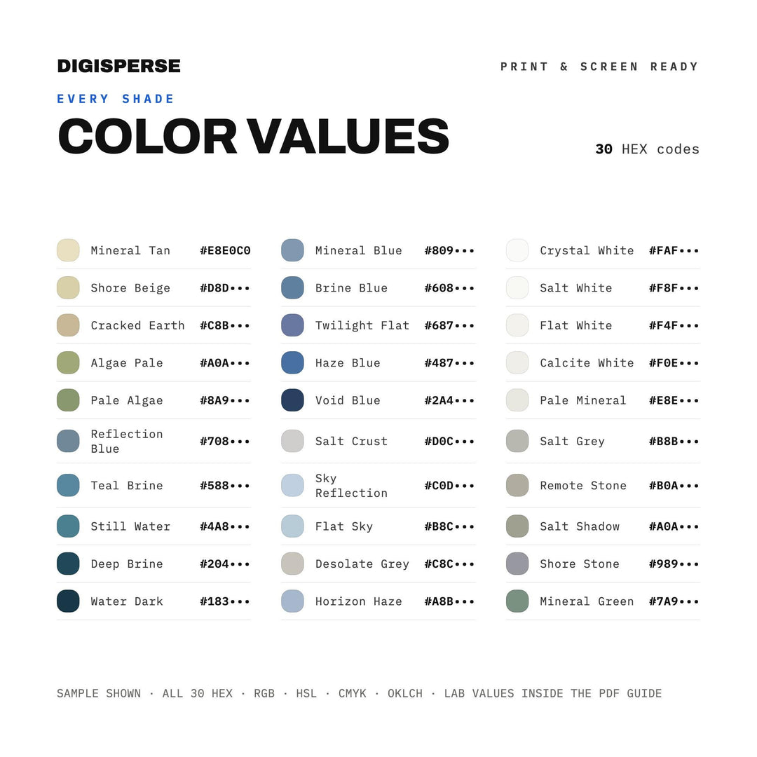 Dead Sea Salt Flat Color Palette | 30 Colors | Hex RGB CMYK | Color Guide | Procreate Swatches + ASE | Digital Download