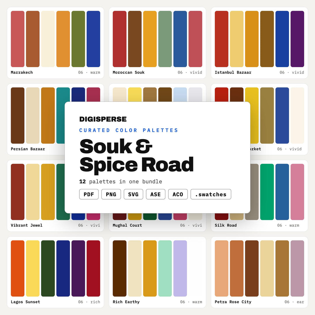 Moroccan Color Scheme Mega Pack, 12 Souk and Spice Road Palettes for Boho Interiors, Textile Design and Exotic Event Styling