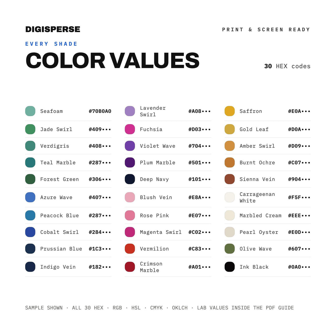 Ink Marbling Color Palette | 30 Colors | Hex RGB CMYK | Procreate Swatches + ASE | Digital Download