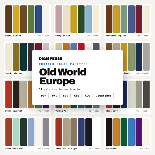 European Vintage Color Mega Kit, 12 Old World Palettes for Chateau Interiors, Antique Shop Branding and Classic Book Covers