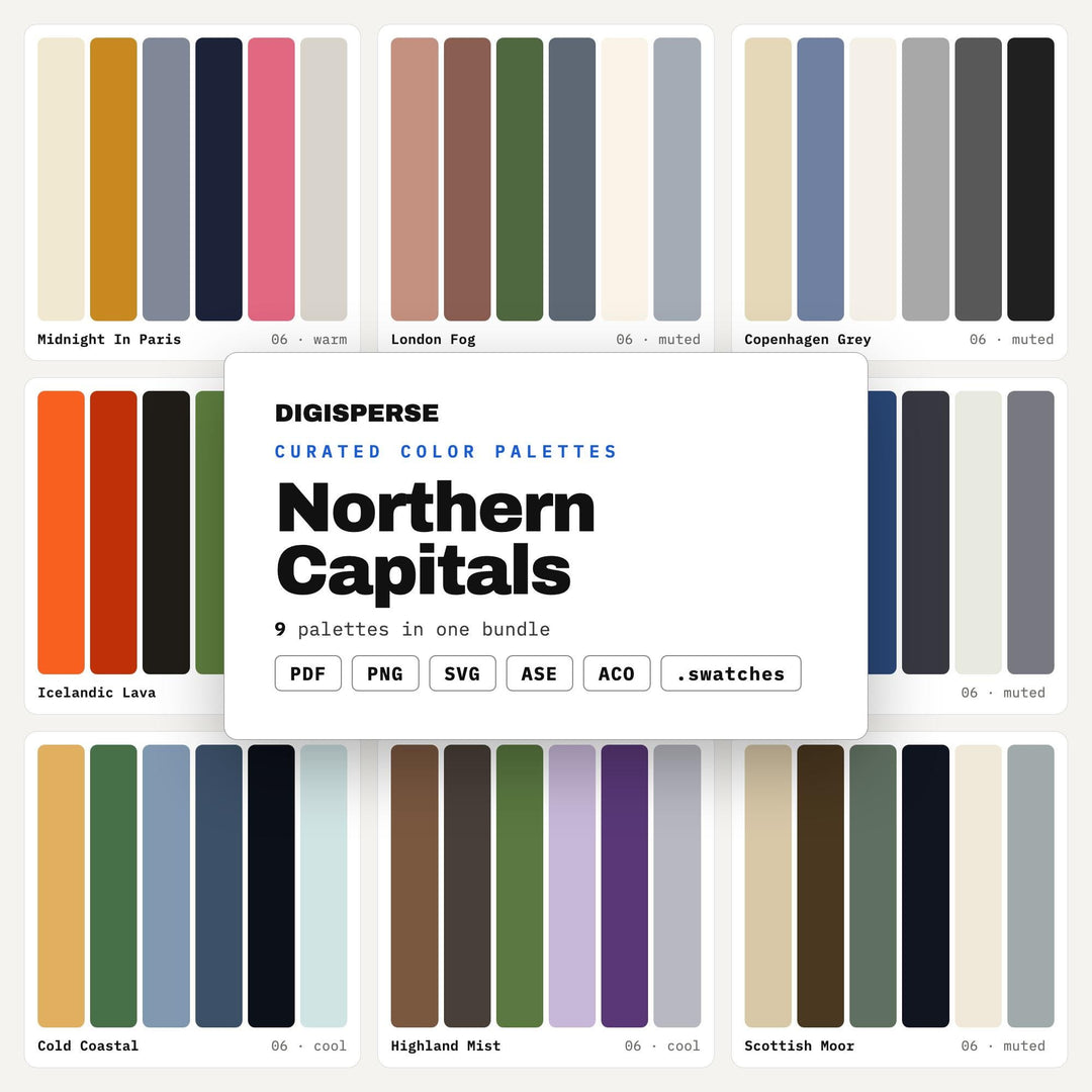 Scandinavian Color Scheme Kit, 9 Northern Capital Palettes for Nordic Design, Minimalist Homes and Baltic Travel Posters