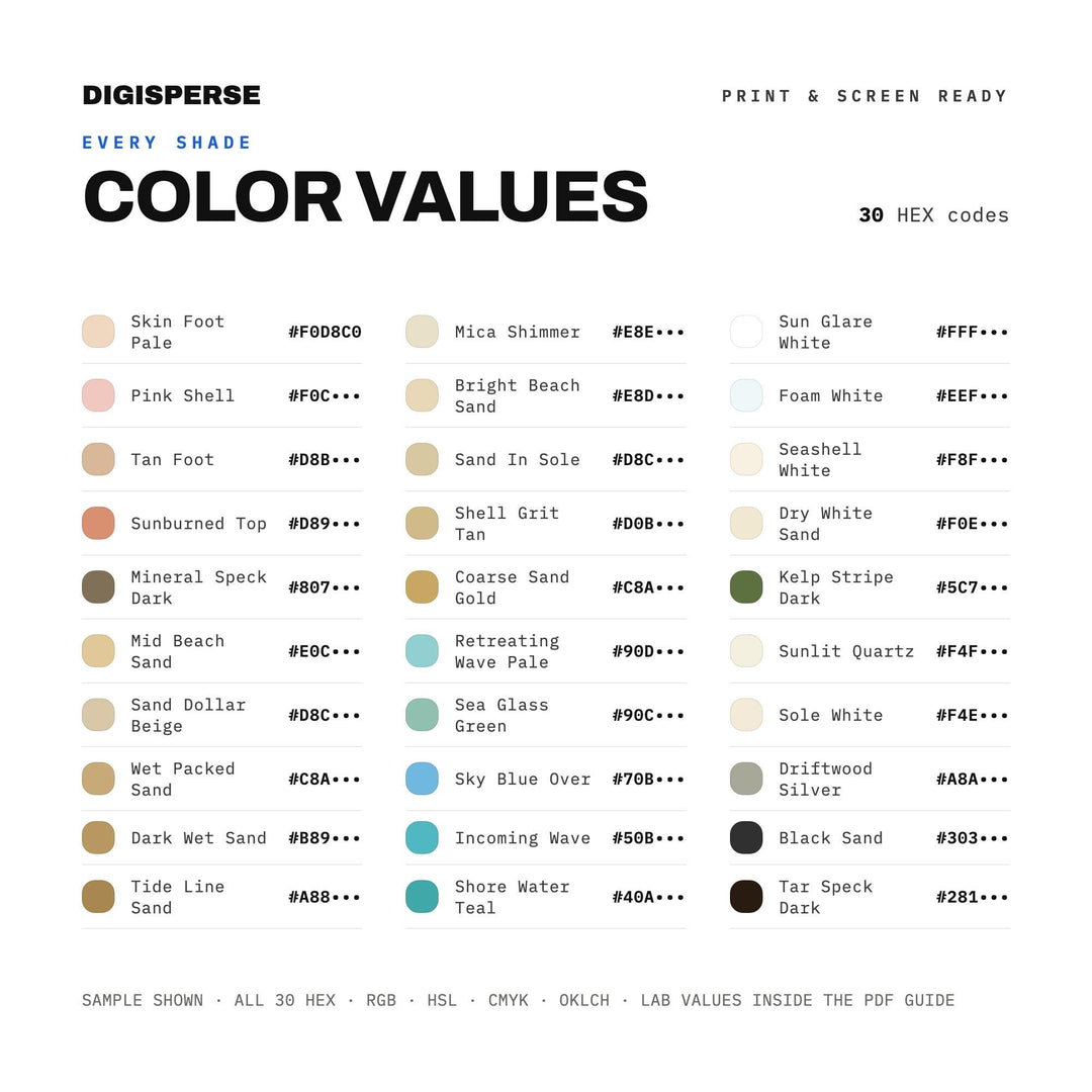 Sand Between Toes Color Palette | 30 Procreate Swatches, ASE (Digital Download)
