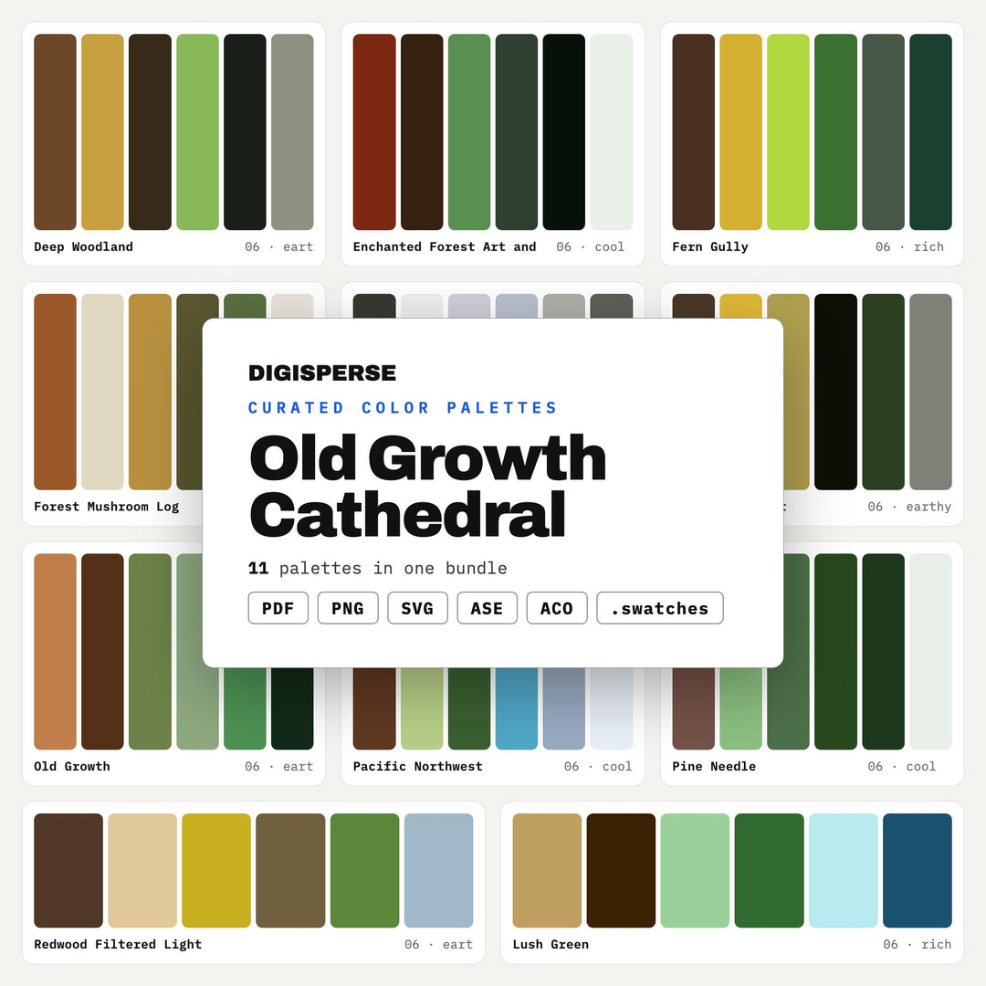Forest Color Palette Bundle, 11 Old Growth Woodland Schemes for Nature Branding, Cabin Interiors and Outdoor Wedding Design