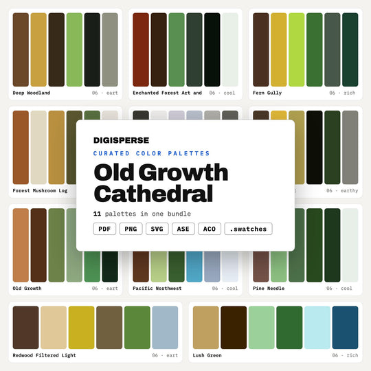 Forest Color Palette Bundle, 11 Old Growth Woodland Schemes for Nature Branding, Cabin Interiors and Outdoor Wedding Design
