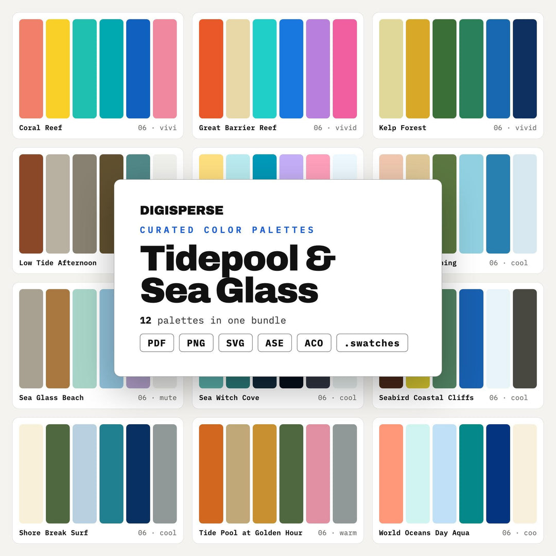 Coastal Color Palette Mega Pack, 12 Tidepool and Sea Glass Schemes for Beach House Decor, Mermaid Art and Ocean Brand Design