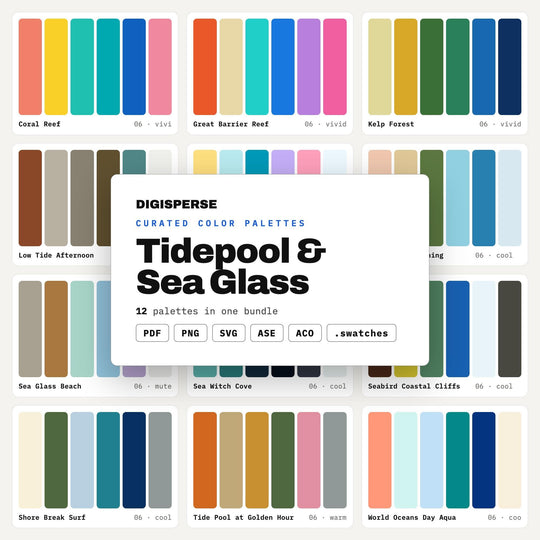 Coastal Color Palette Mega Pack, 12 Tidepool and Sea Glass Schemes for Beach House Decor, Mermaid Art and Ocean Brand Design
