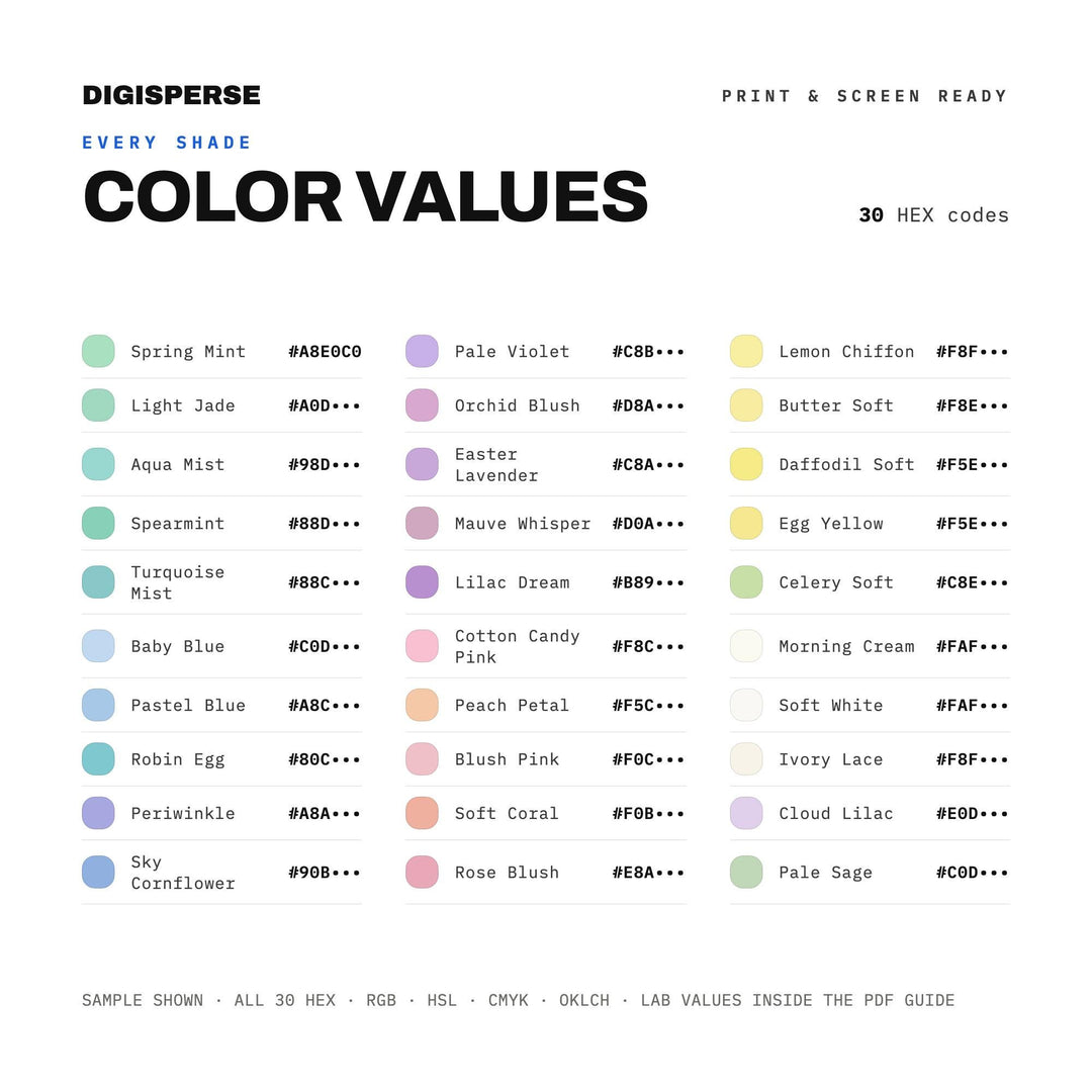 Easter Morning Color Palette | 30 Colors | Hex RGB CMYK | Procreate Swatches + ASE | Digital Download