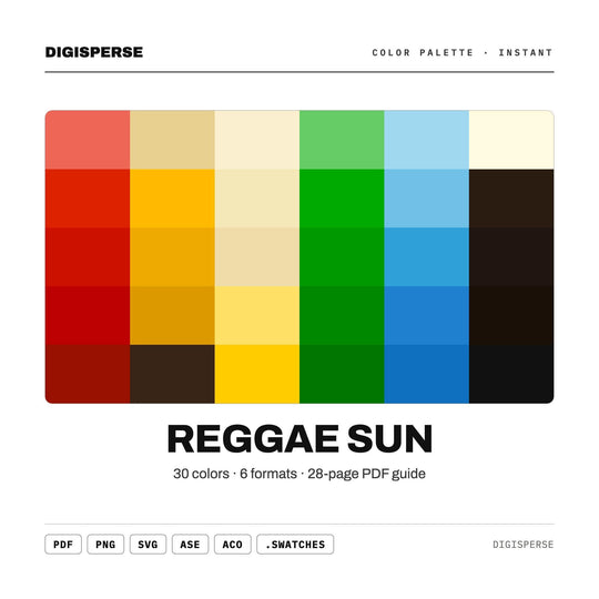 Reggae Sun Color Palette | 30 Colors | Hex RGB CMYK | Color Guide | Procreate Swatches + ASE | Digital Download