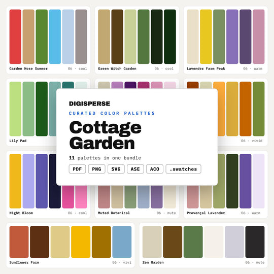 English Garden Color Palette Kit, 11 Cottage Bloom Schemes for Floral Stationery, Garden Party Invites and Shabby Chic Decor