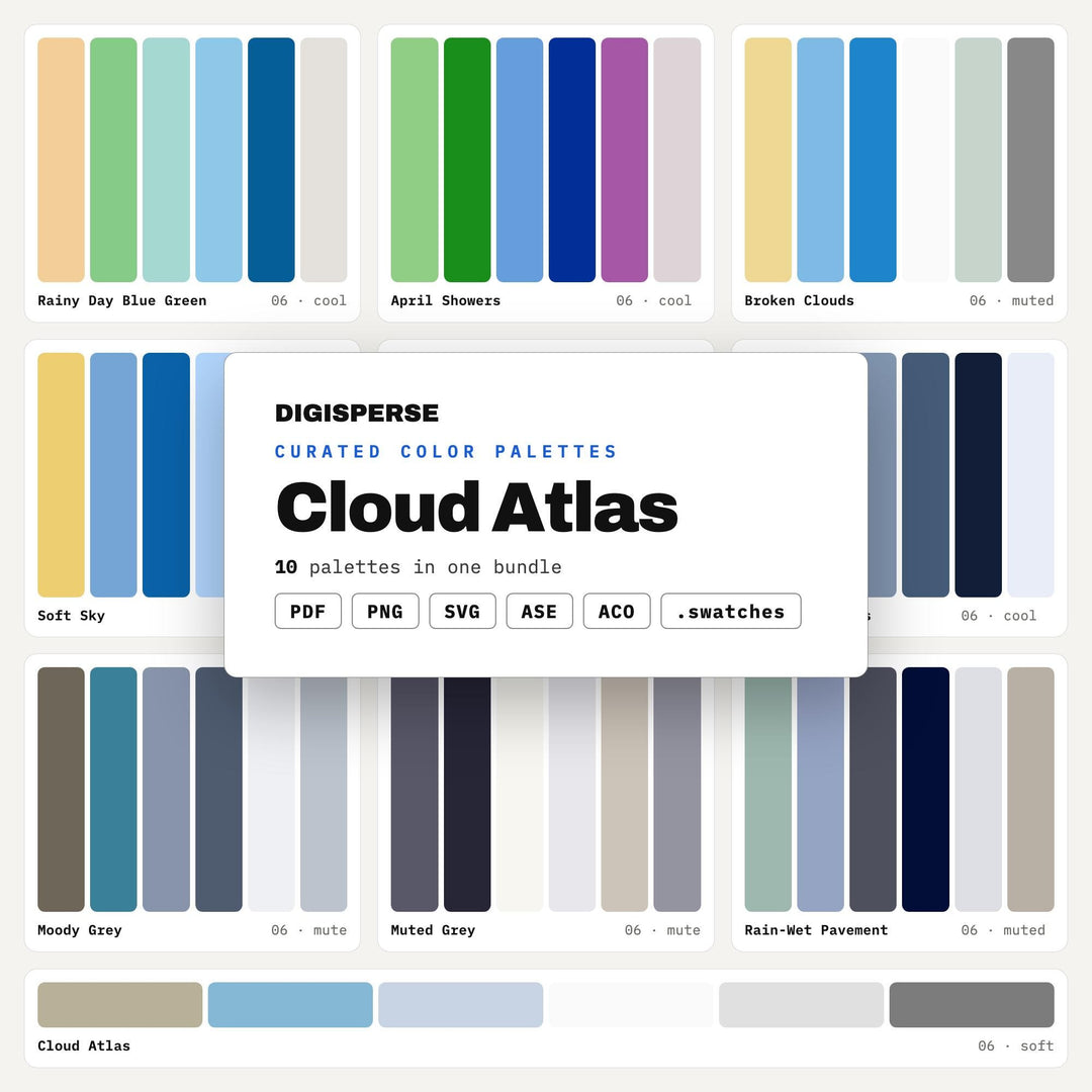Sky Color Palette Collection, 10 Cloud Study Schemes for Nursery Murals, Dreamy Branding and Weather Journal Illustration