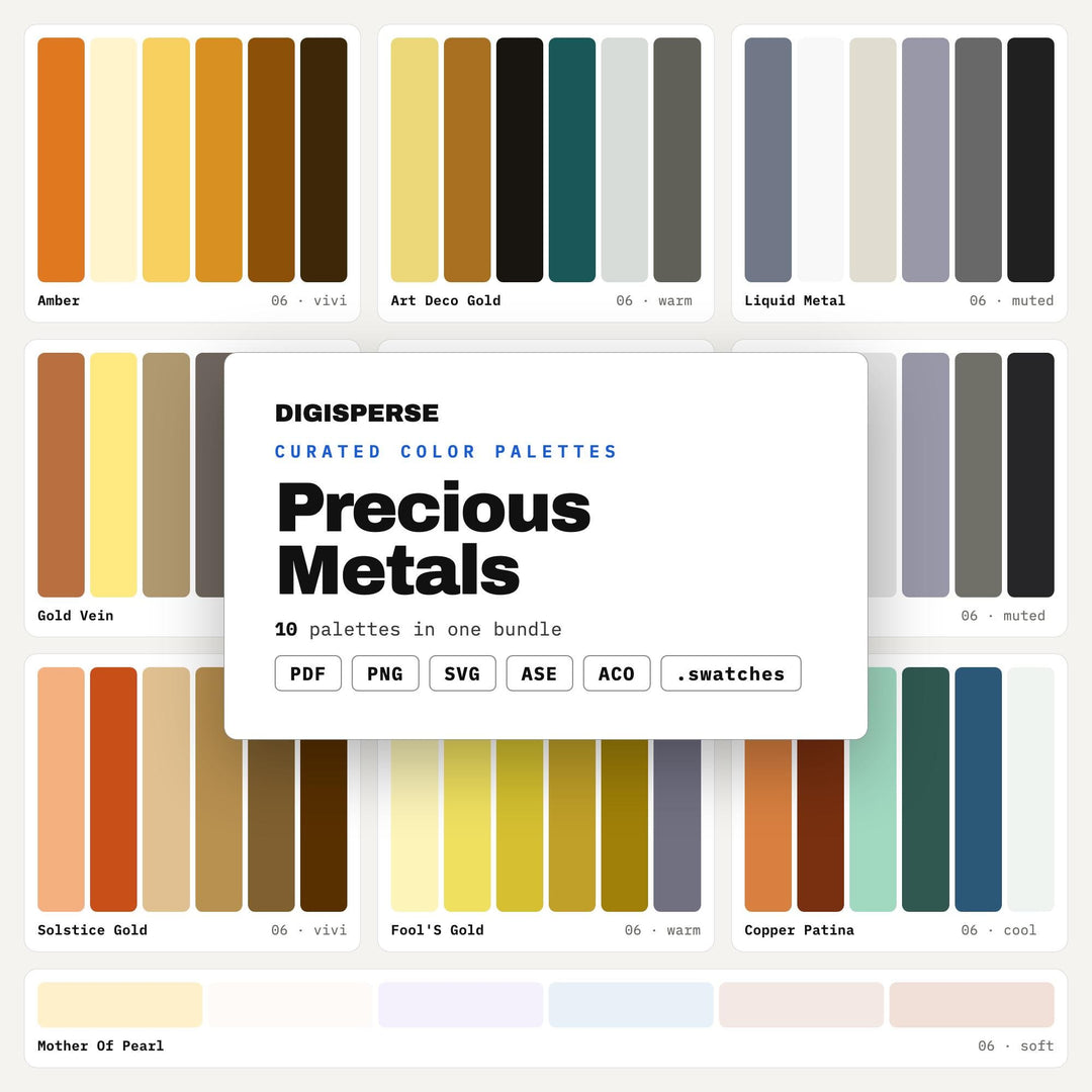 Metallic Color Palette Pack, 10 Precious Metal Schemes for Elegant Invitations, Luxe Packaging and Glam Event Styling