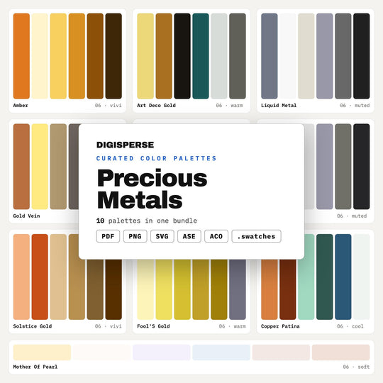 Metallic Color Palette Pack, 10 Precious Metal Schemes for Elegant Invitations, Luxe Packaging and Glam Event Styling
