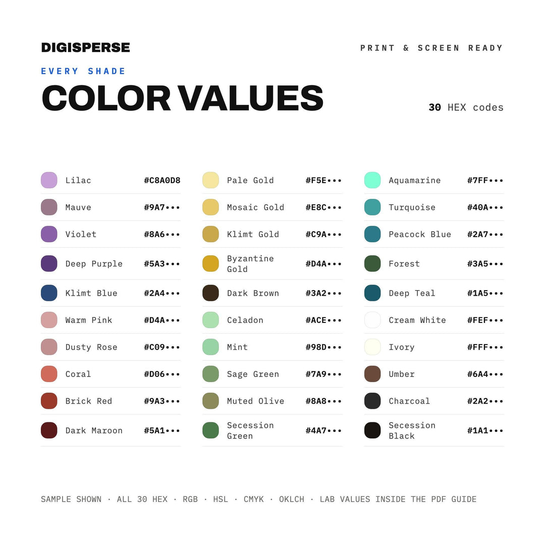 Vienna Secession Color Palette | 30 Colors | Hex RGB CMYK | Color Guide | Procreate Swatches + ASE | Digital Download