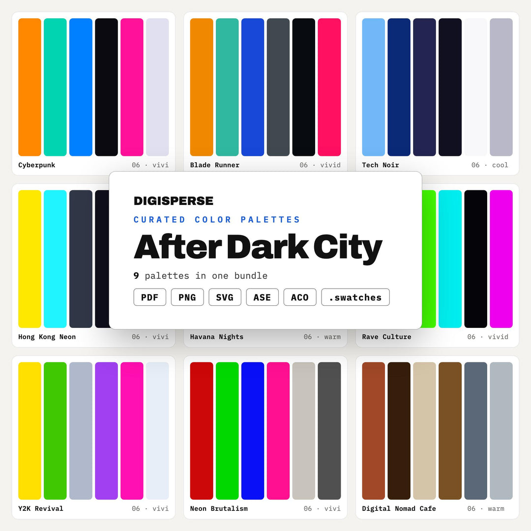 City Nightlife Color Palette Set, 9 After Dark Urban Schemes for Club Flyers, Skyline Art and Modern Loft Interior Design