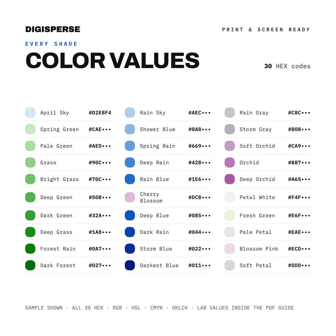 April Showers Color Palette | 30 Colors | Hex RGB CMYK | Color Guide | Procreate Swatches + ASE | Digital Download