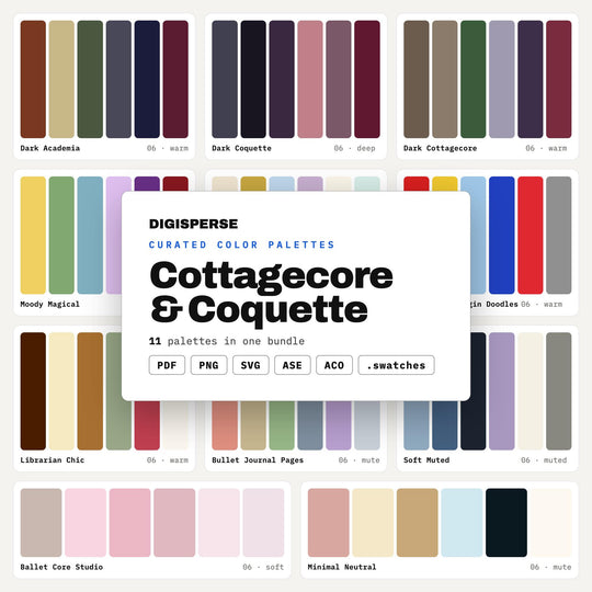Cottagecore Color Palette Bundle, 11 Coquette Soft Schemes for Aesthetic Moodboards, Romantic Branding and Dreamy Room Decor