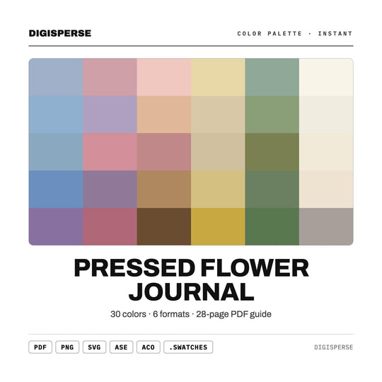 Muted Botanical Color Palette for Cottagecore Journal Art and Floral Branding, 30 Pressed Flower Hues, Procreate Swatches