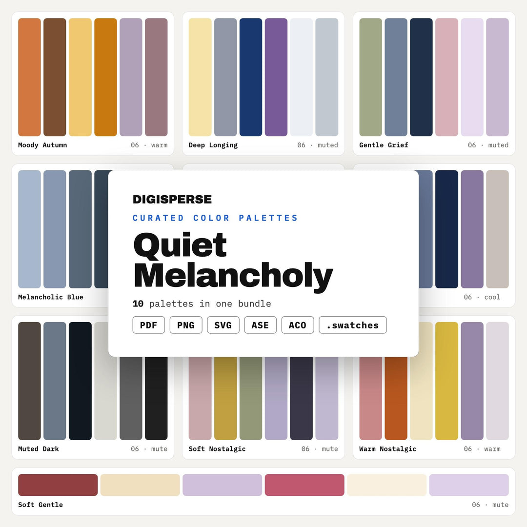 Muted Moody Color Scheme Set, 10 Quiet Melancholy Palettes for Poetry Journals, Indie Album Art and Wistful Illustration