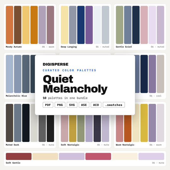 Muted Moody Color Scheme Set, 10 Quiet Melancholy Palettes for Poetry Journals, Indie Album Art and Wistful Illustration