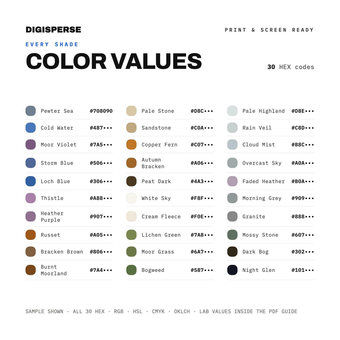 Scottish Moor Color Palette | 30 Colors | Hex RGB CMYK | Color Guide | Procreate Swatches + ASE | Digital Download