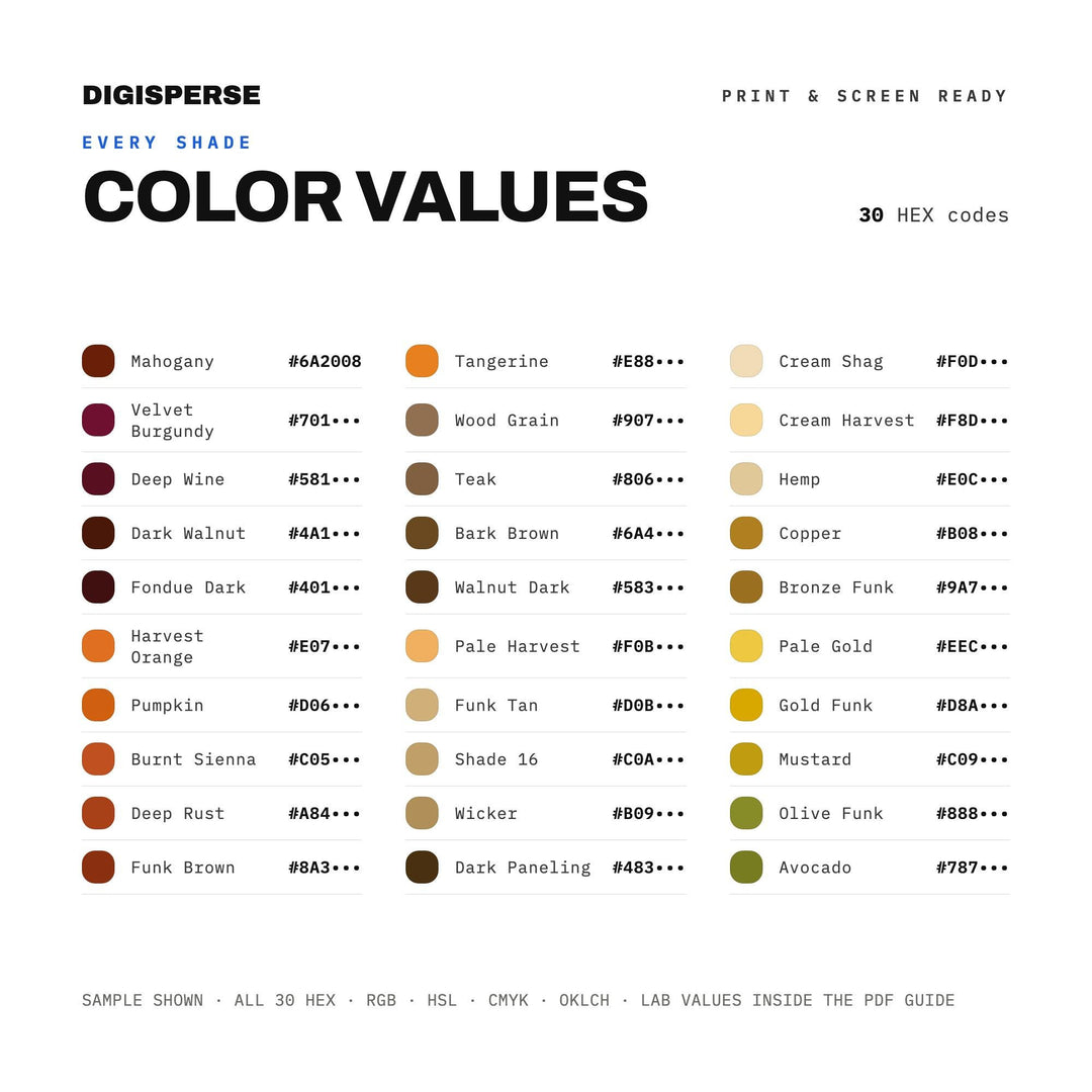 1970s Funk Color Palette | 30 Colors | Hex RGB CMYK | Color Guide | Procreate Swatches + ASE | Digital Download
