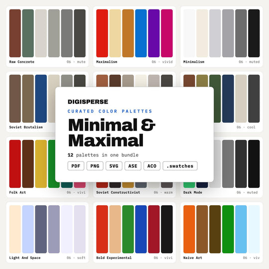 Minimalist to Maximalist Color Kit, 12 Contrast Palettes for Interior Stylists, Brand Refreshes and Design Portfolio Work