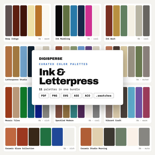 Print Shop Color Palette Set, 11 Ink and Letterpress Schemes for Stationery Brands, Wedding Invites and Editorial Design