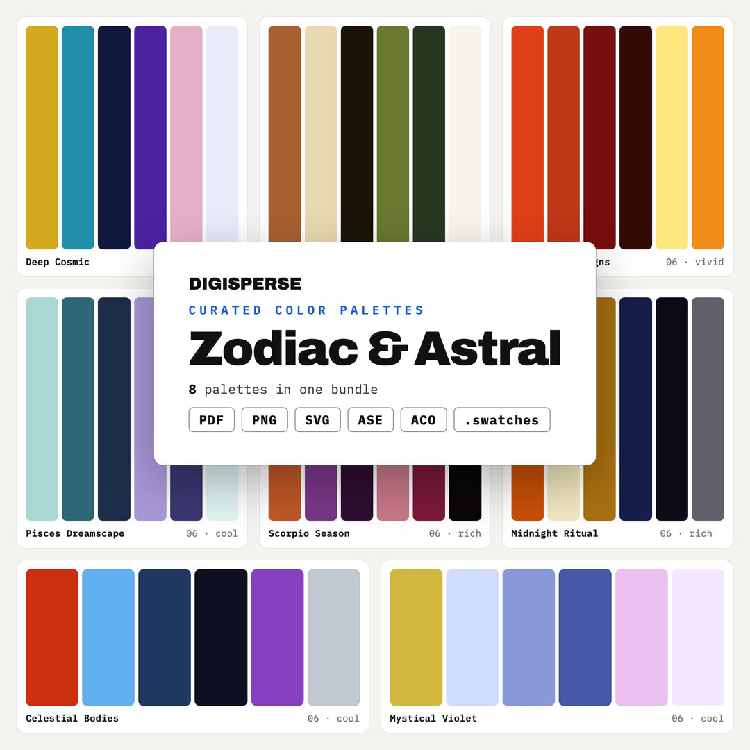 Zodiac Color Palette Set, 8 Astral Sign Schemes for Astrology Content, Birth Chart Art and Celestial Jewelry Brand Design