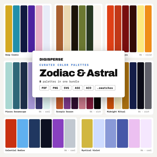 Zodiac Color Palette Set, 8 Astral Sign Schemes for Astrology Content, Birth Chart Art and Celestial Jewelry Brand Design
