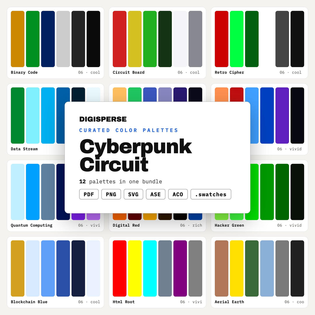 Cyberpunk Color Mega Bundle, 12 Circuit Glow Palettes for Sci Fi Game Art, Techwear Branding and Futuristic UI Design