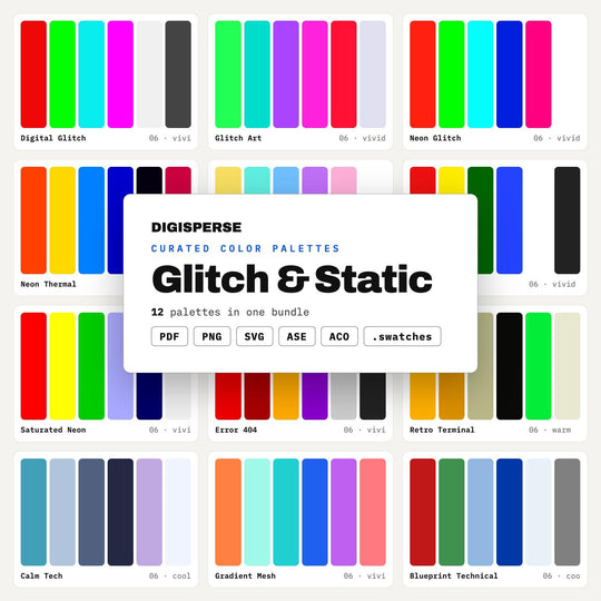 Glitch Art Color Mega Pack, 12 Static Distortion Palettes for VJ Loops, Digital Collage and Experimental Poster Design