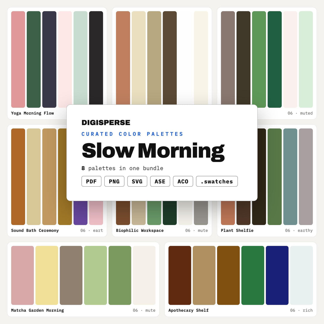 Cozy Morning Color Scheme Set, 8 Slow Sunrise Palettes for Lifestyle Blogs, Breakfast Cafe Branding and Calm Home Office Decor