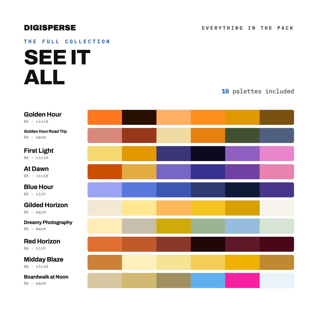 Golden Hour Color Palette Pack, 10 Warm Sunset Color Schemes for Photographers, Autumn Wedding Boards & Cozy Brand Styling