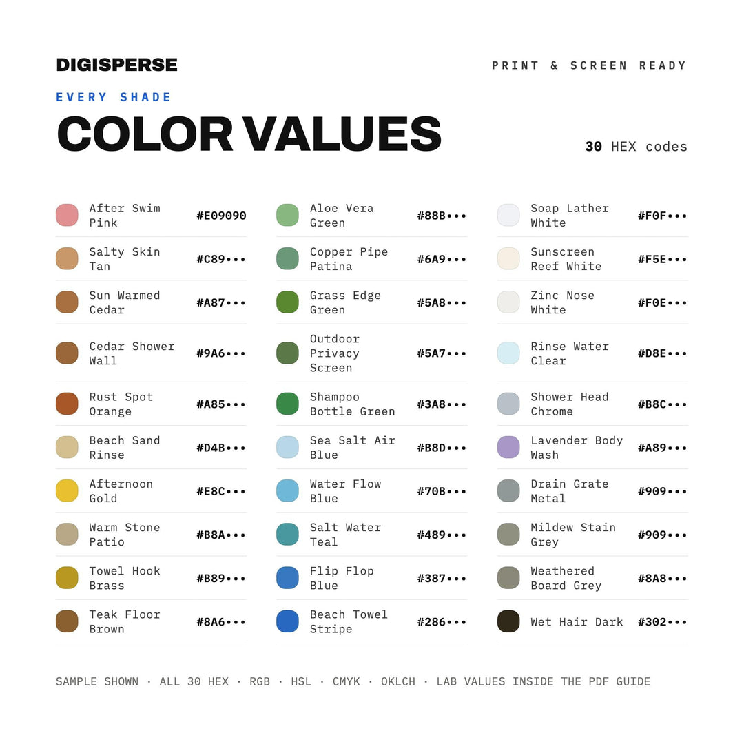 Outdoor Shower Rinse Color Palette | 30 Hex RGB CMYK Swatches (Digital Download)