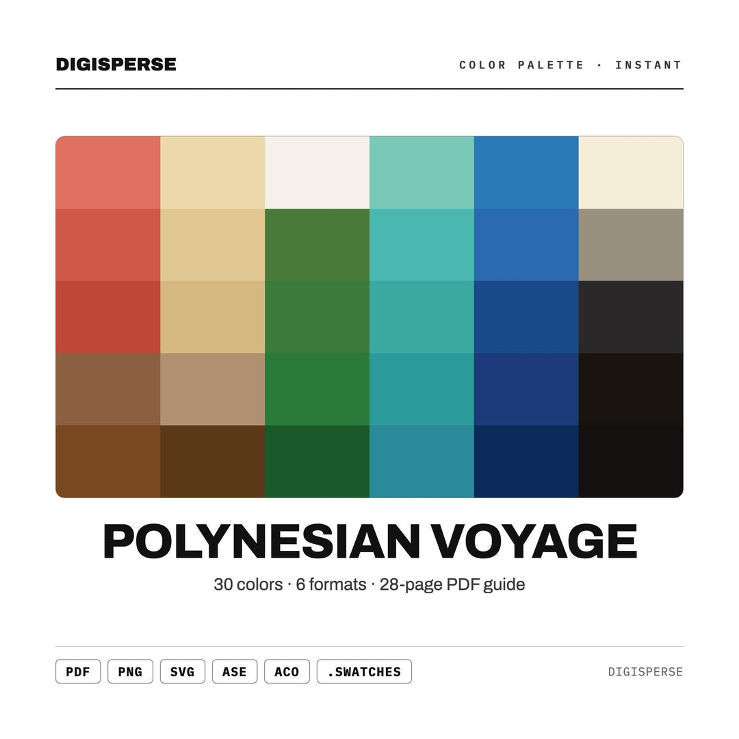 Polynesian Voyage Color Palette | 30 Colors | Hex RGB CMYK | Color Guide | Procreate Swatches + ASE | Digital Download