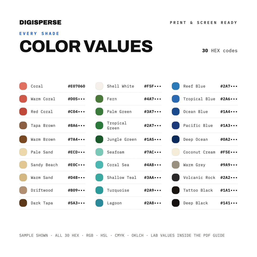 Polynesian Voyage Color Palette | 30 Colors | Hex RGB CMYK | Color Guide | Procreate Swatches + ASE | Digital Download